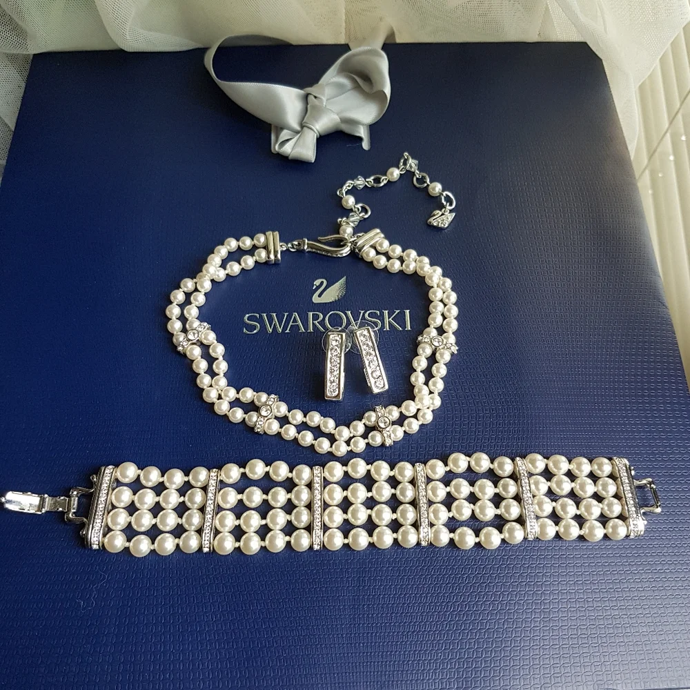 AUTHENTIC Swarovski Crystal Pearl Choker Necklace Tennis Bracelet Earrings SET - Picture 15 of 16